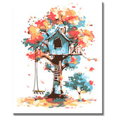 Paint by Numbers Art Illustration Blue Treehouse Autumn